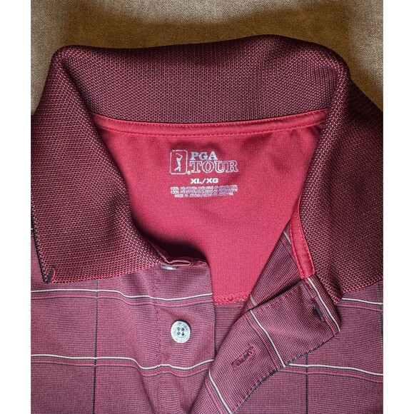 PGA Tour Polo Shirt Mens XL Burgundy Grid Check Performance Golfing Short Sleeve - Picture 3 of 6